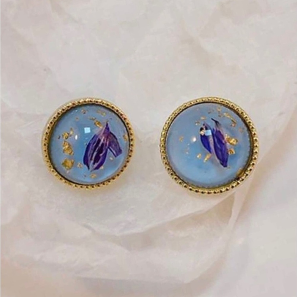 “Navy Calla Lily Petals” Blue Pressed Preserved Dried Flower Gold Flake Orb Stud - Picture 7 of 14
